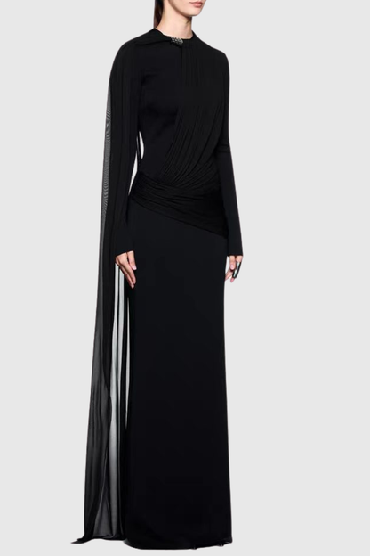 Mandisa Asymmetric Shawl Draped Maxi Dress - Black
