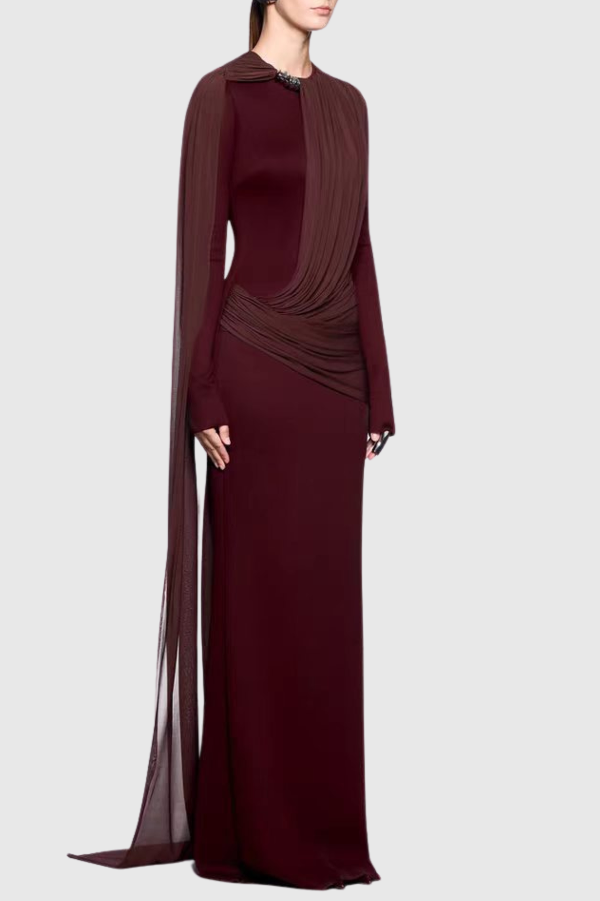 Mandisa Asymmetric Shawl Draped Maxi Dress - Wine