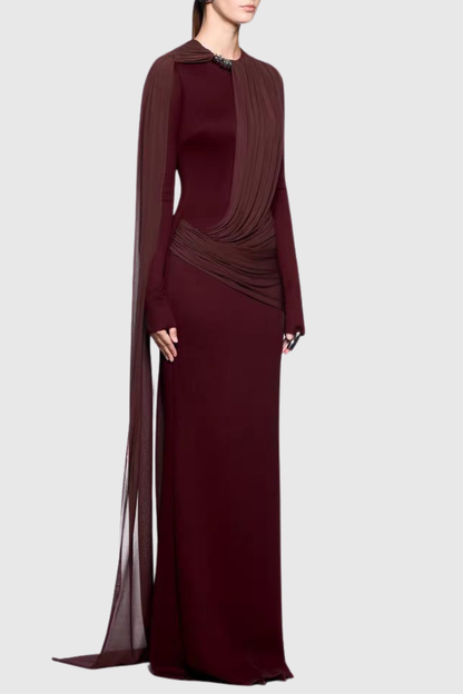 Mandisa Asymmetric Shawl Draped Maxi Dress - Wine