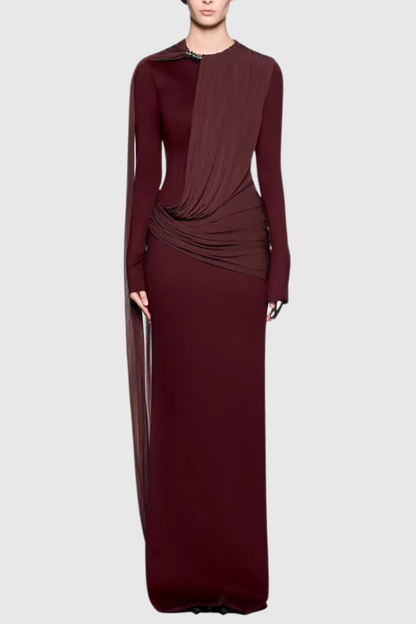 Mandisa Asymmetric Shawl Draped Maxi Dress - Wine