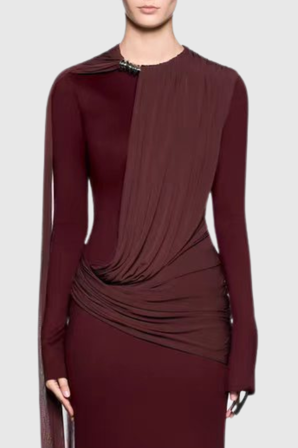 Mandisa Asymmetric Shawl Draped Maxi Dress - Wine