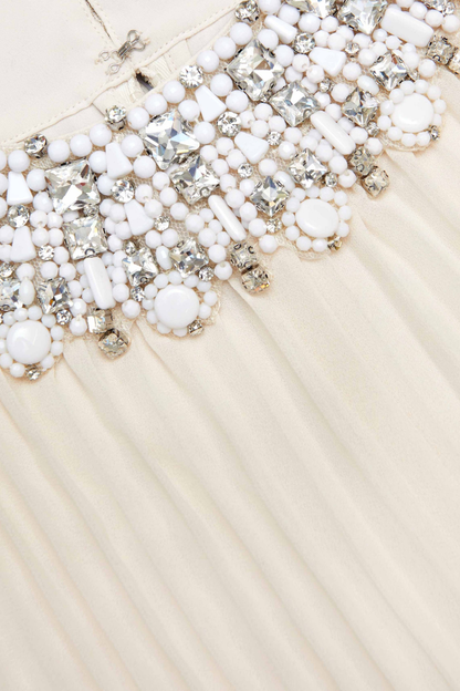 Manja Crystal Collar Feather Pleated Maxi Dress - Beige
