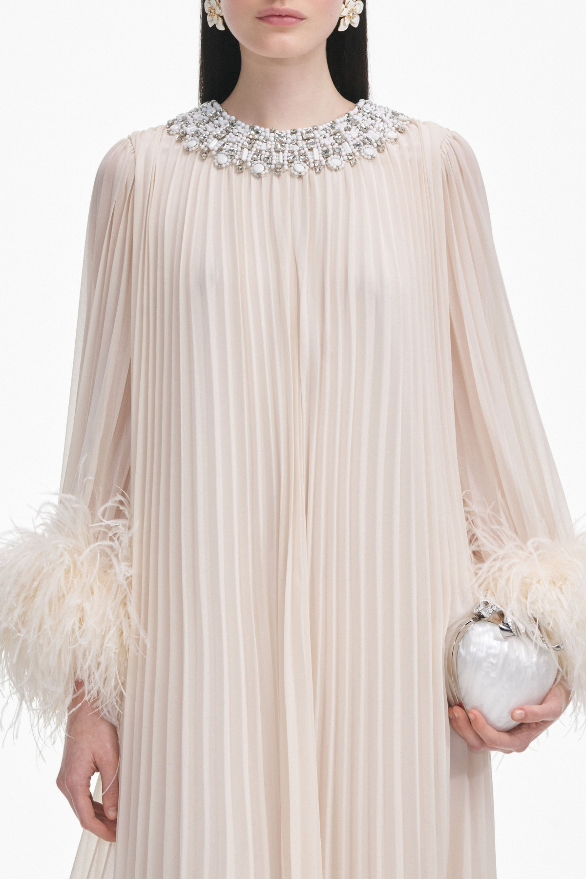 Manja Crystal Collar Feather Pleated Maxi Dress - Beige