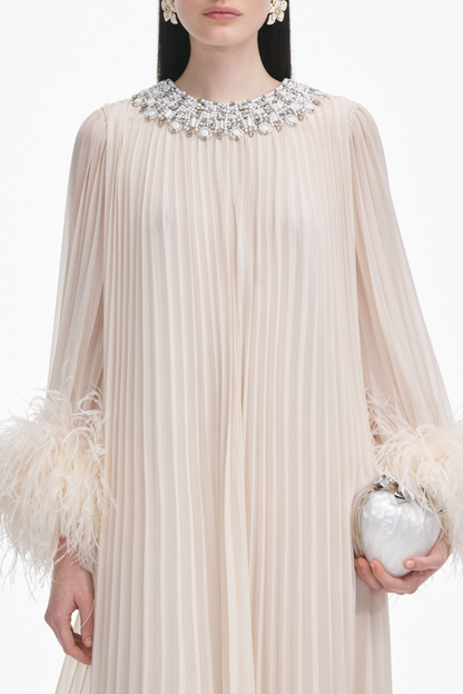 Manja Crystal Collar Feather Pleated Maxi Dress - Beige