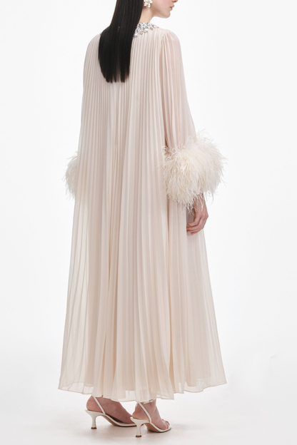 Manja Crystal Collar Feather Pleated Maxi Dress - Beige
