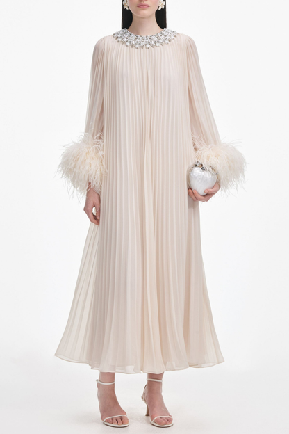 Manja Crystal Collar Feather Pleated Maxi Dress - Beige