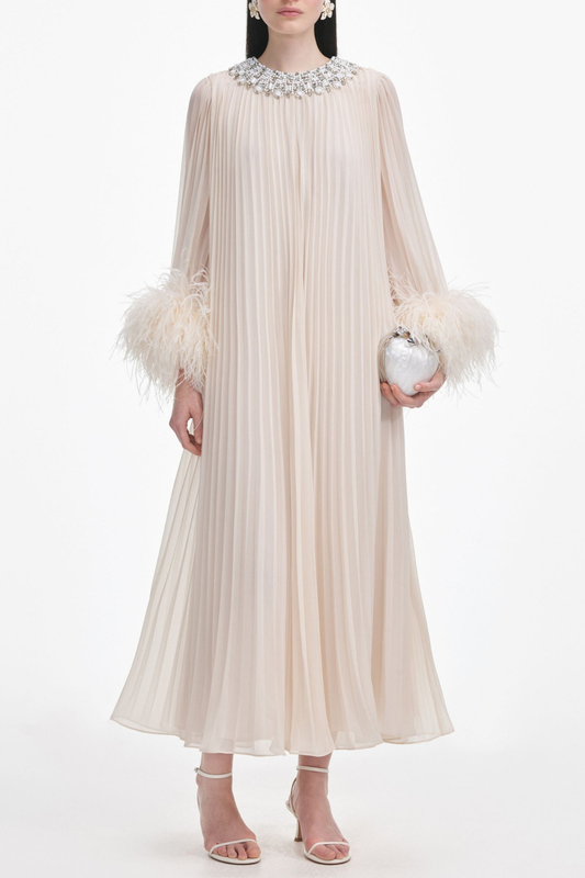 Manja Crystal Collar Feather Pleated Maxi Dress - Beige