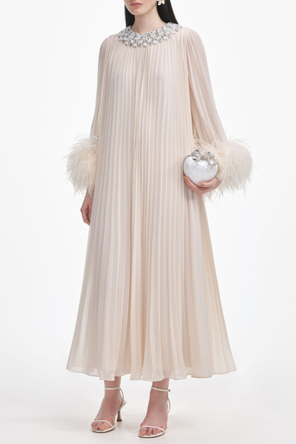 Manja Crystal Collar Feather Pleated Maxi Dress - Beige