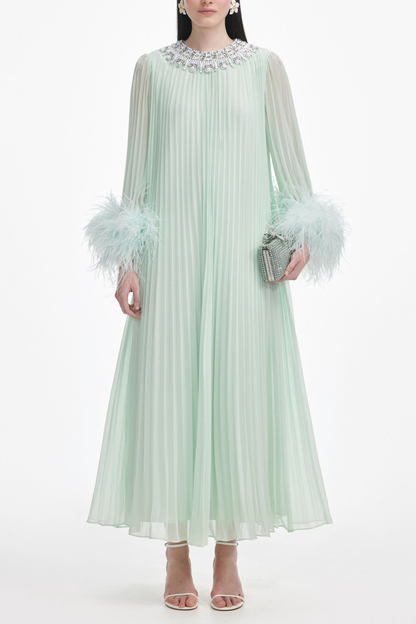 Manja Crystal Collar Feather Pleated Maxi Dress - Green