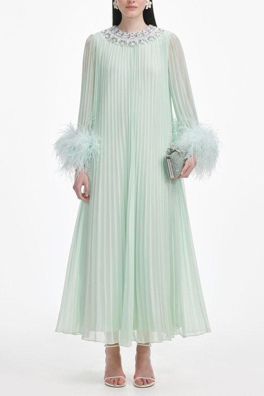 Manja Crystal Collar Feather Pleated Maxi Dress - Green