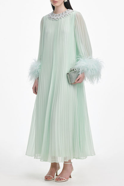 Manja Crystal Collar Feather Pleated Maxi Dress - Green