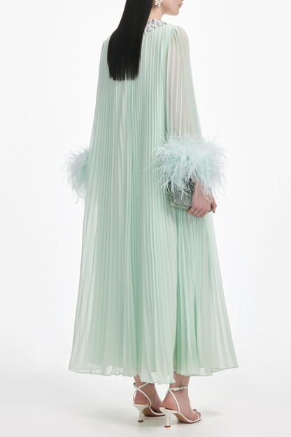 Manja Crystal Collar Feather Pleated Maxi Dress - Green