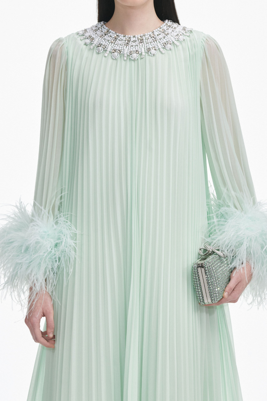 Manja Crystal Collar Feather Pleated Maxi Dress - Green