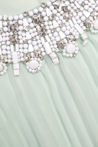 Manja Crystal Collar Feather Pleated Maxi Dress - Green