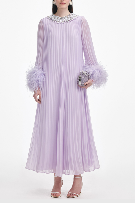 Manja Crystal Collar Feather Pleated Maxi Dress - Purple