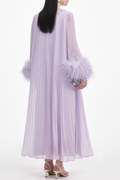 Manja Crystal Collar Feather Pleated Maxi Dress - Purple