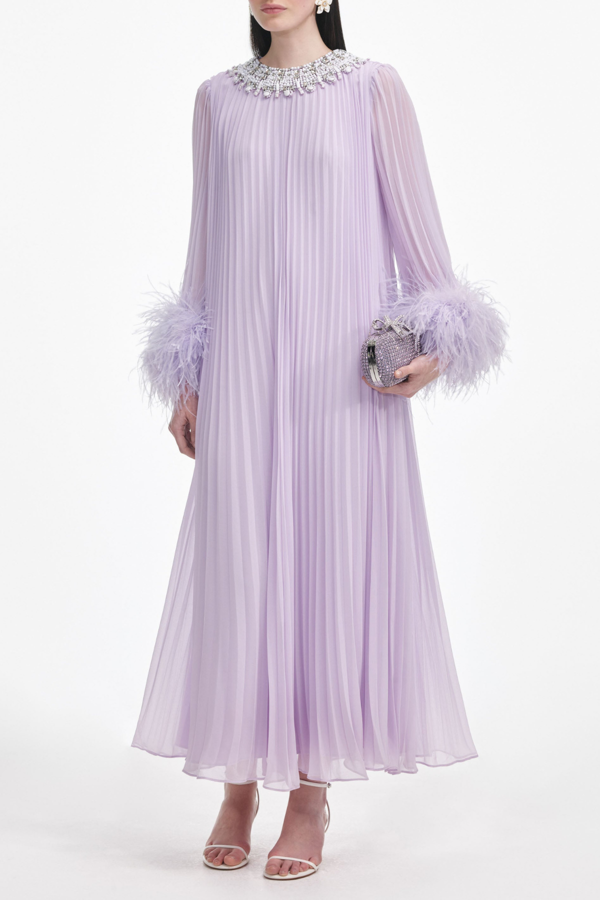 Manja Crystal Collar Feather Pleated Maxi Dress - Purple