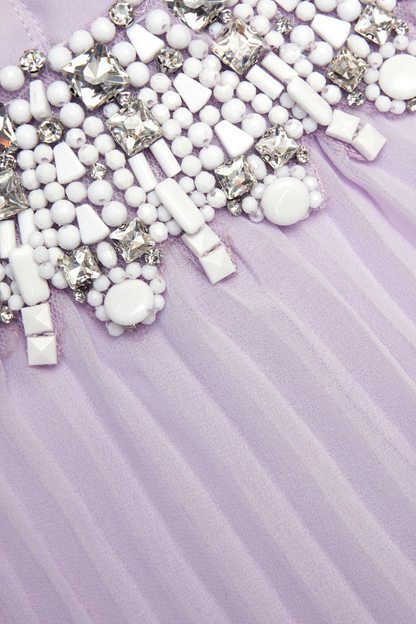 Manja Crystal Collar Feather Pleated Maxi Dress - Purple