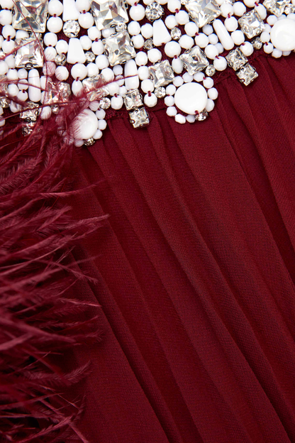 Manja Crystal Collar Feather Pleated Maxi Dress - Wine