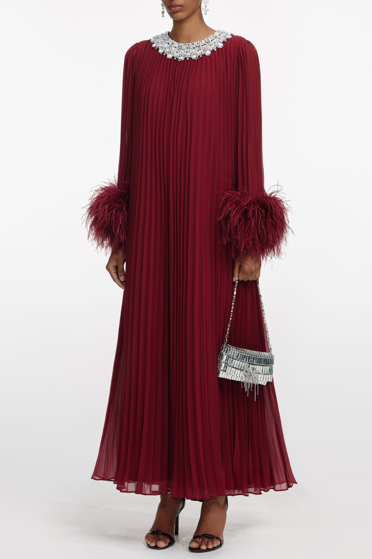 Manja Crystal Collar Feather Pleated Maxi Dress - Wine