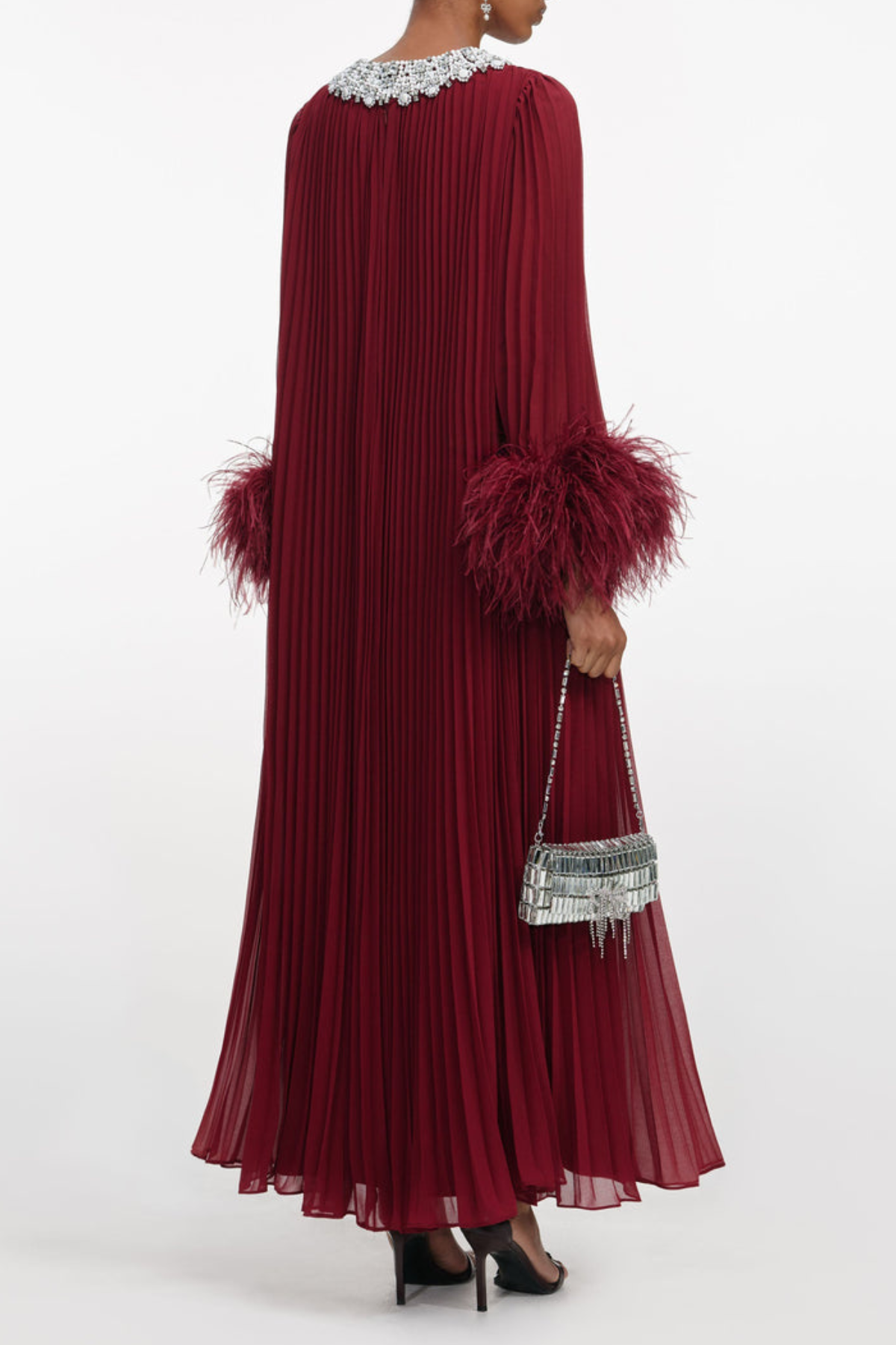 Manja Crystal Collar Feather Pleated Maxi Dress - Wine