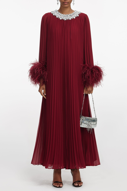 Manja Crystal Collar Feather Pleated Maxi Dress - Wine
