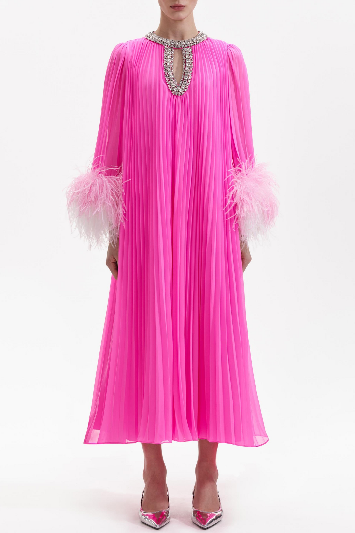 Manja Diamante Chiffon Feather Maxi Dress - Pink