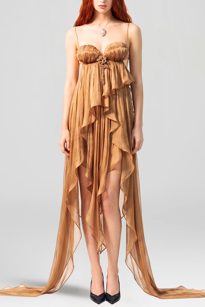Maora Asymmetric Crinkle Glossy Midi Dress