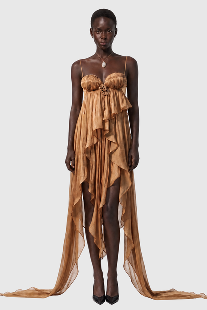 Maora Asymmetric Crinkle Glossy Midi Dress