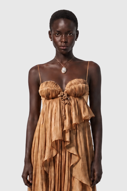 Maora Asymmetric Crinkle Glossy Midi Dress