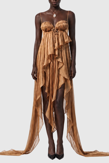 Maora Asymmetric Crinkle Glossy Midi Dress