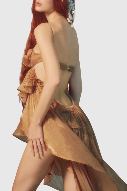 Maora Asymmetric Crinkle Glossy Midi Dress