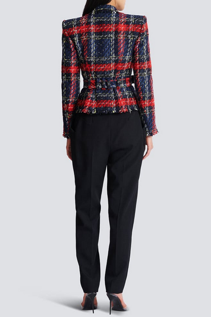 Marcea Belted Plaid Tweed Jacket