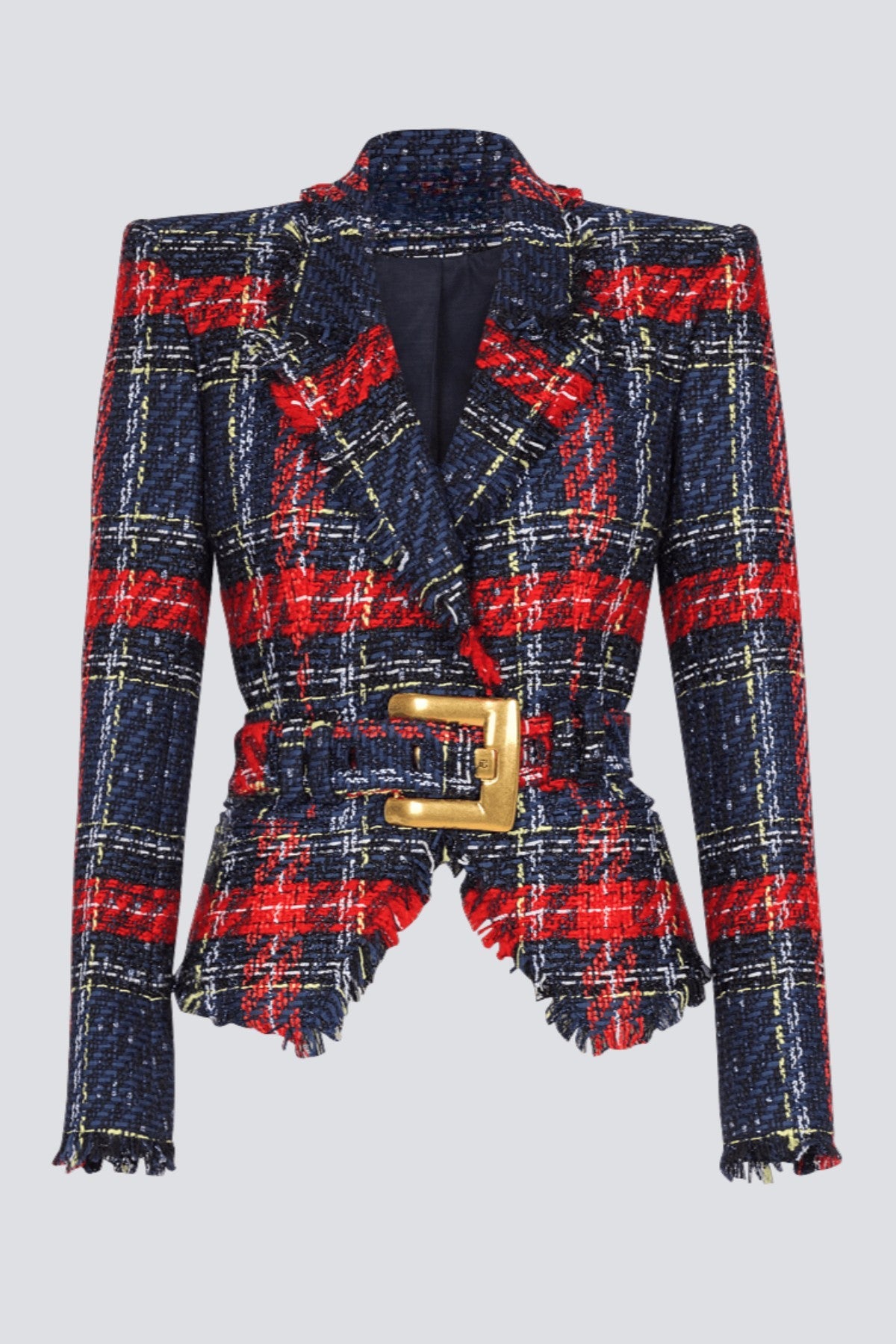 Marcea Belted Plaid Tweed Jacket