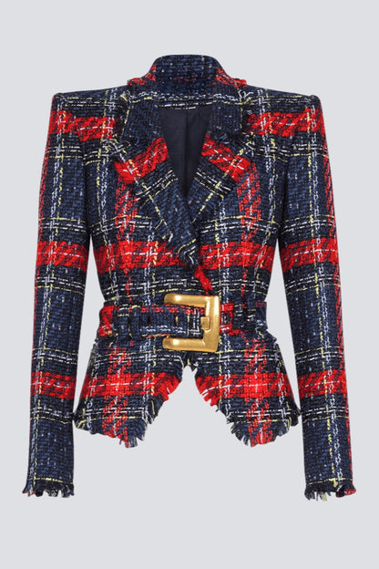 Marcea Belted Plaid Tweed Jacket