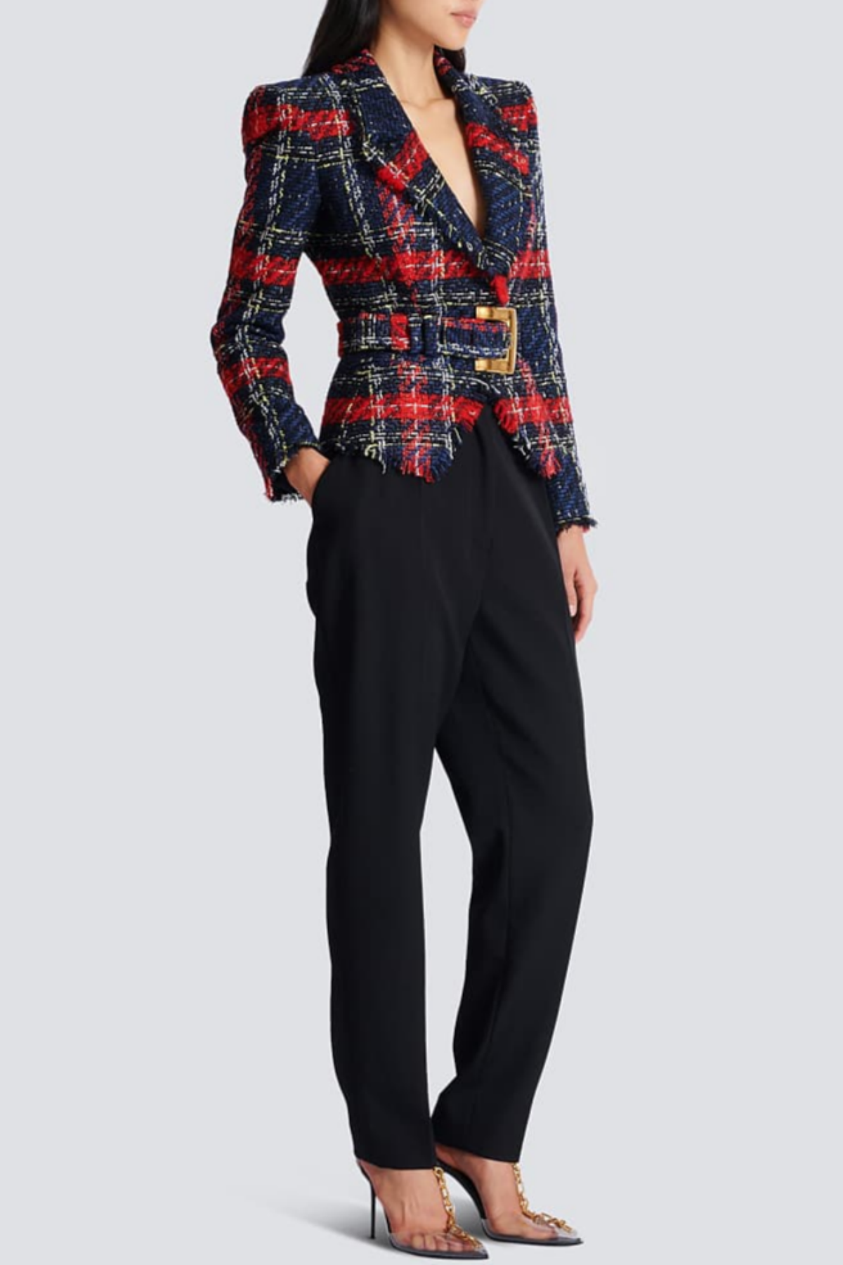 Marcea Belted Plaid Tweed Jacket