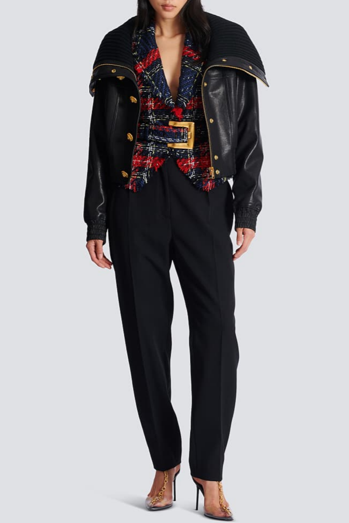 Marcea Belted Plaid Tweed Jacket