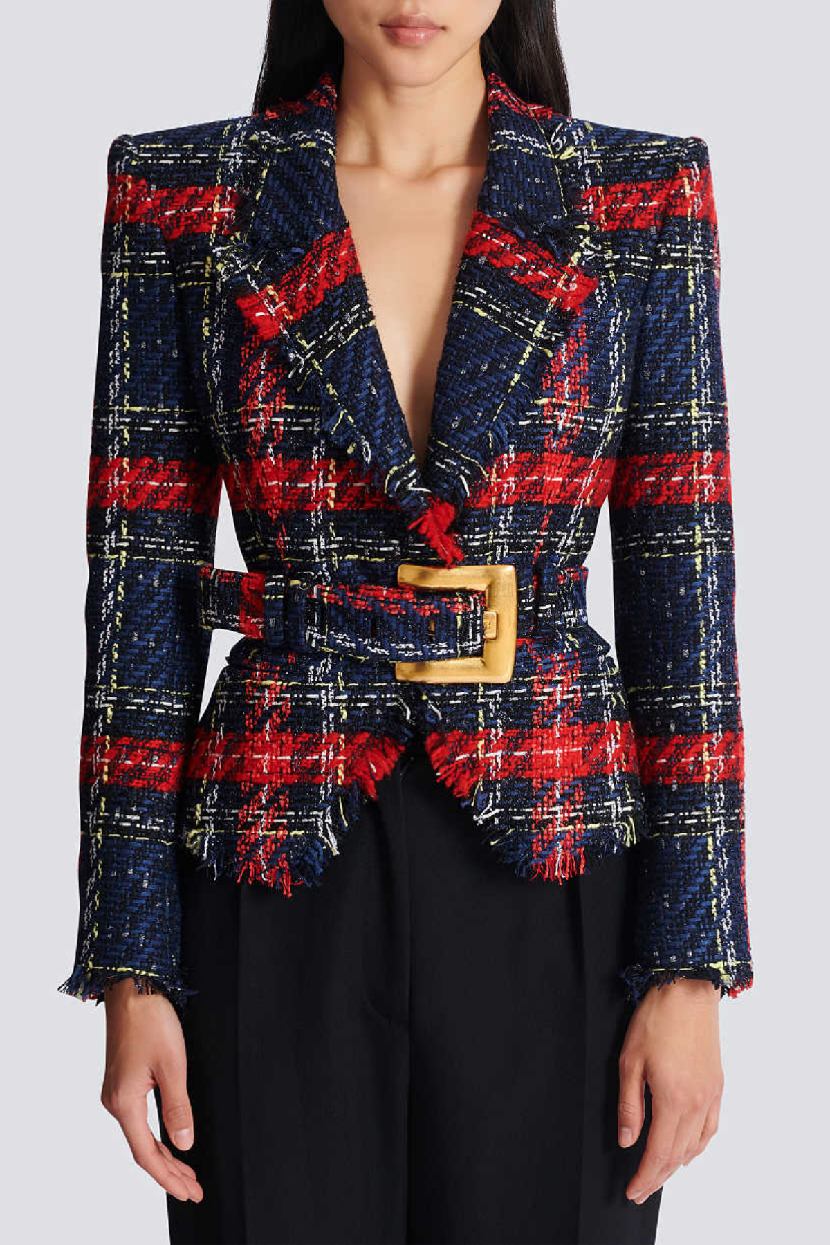 Marcea Belted Plaid Tweed Jacket