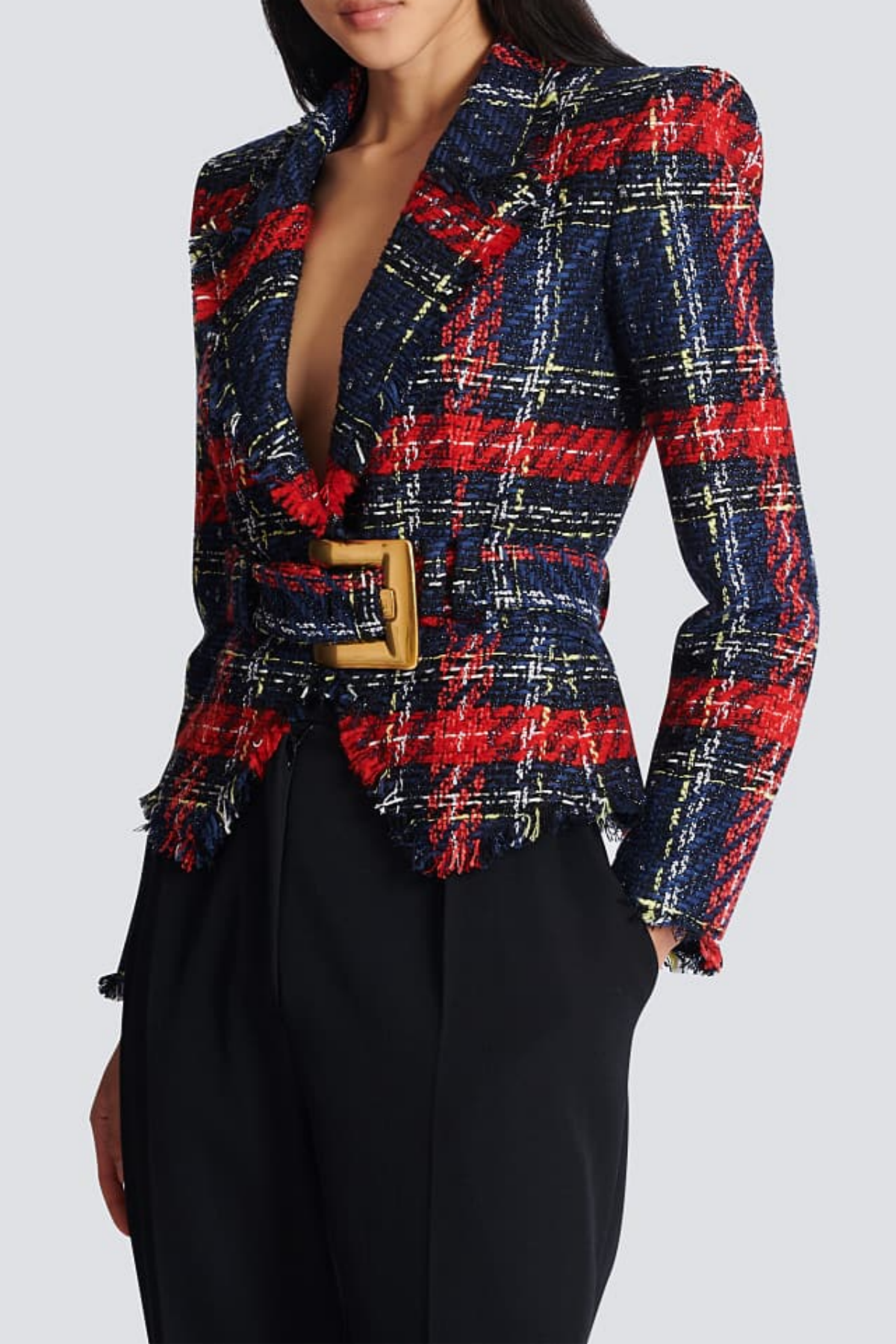Marcea Belted Plaid Tweed Jacket
