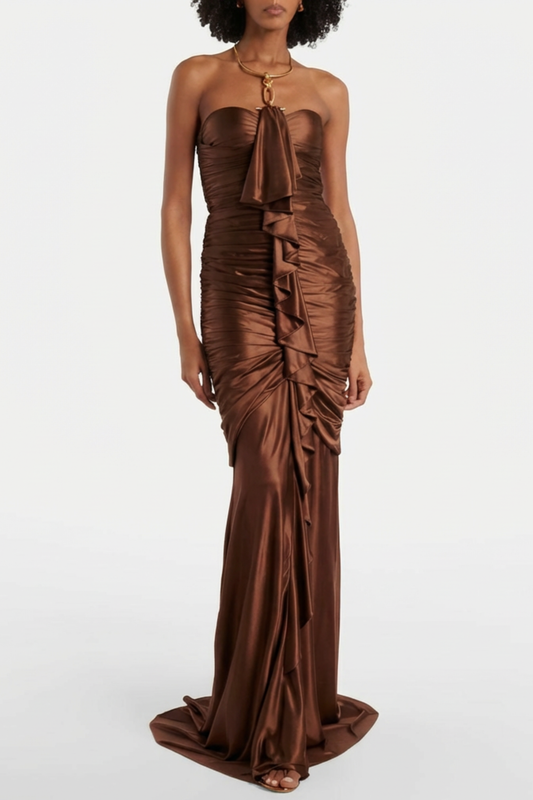 Margaux Halter Ruffle Draped Maxi Dress - Brown