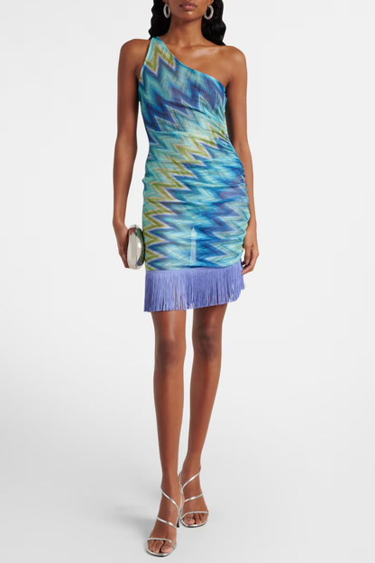 Marinet One Shoulder Zig Zag Fringe Mini Dress - Blue