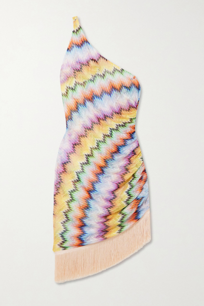 Marinet One Shoulder Zig Zag Fringe Mini Dress - Rainbow