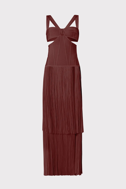 Maritza Cutout Fringe Maxi Bandage Dress - Brown