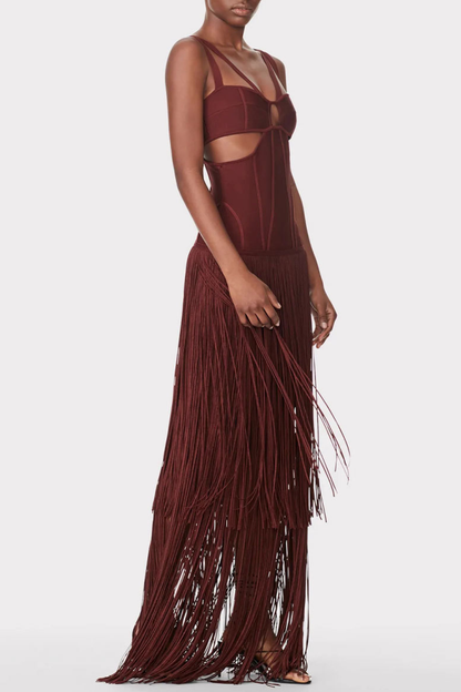 Maritza Cutout Fringe Maxi Bandage Dress - Brown