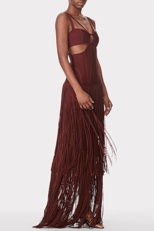 Maritza Cutout Fringe Maxi Bandage Dress - Brown
