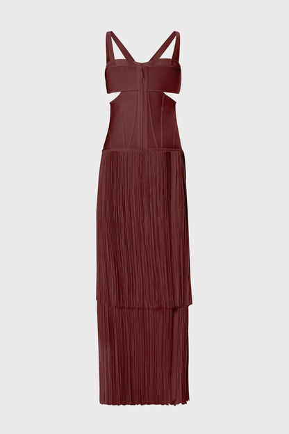 Maritza Cutout Fringe Maxi Bandage Dress - Brown