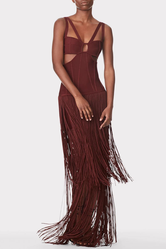 Maritza Cutout Fringe Maxi Bandage Dress - Brown