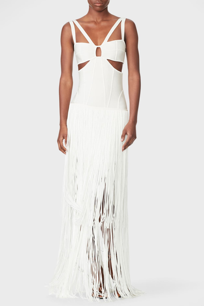 Maritza Cutout Fringe Maxi Bandage Dress - White