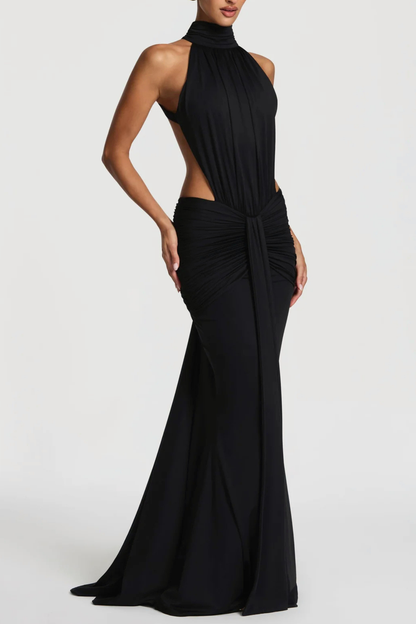 Marlaia Halter Ruched Backless Maxi Dress - Black