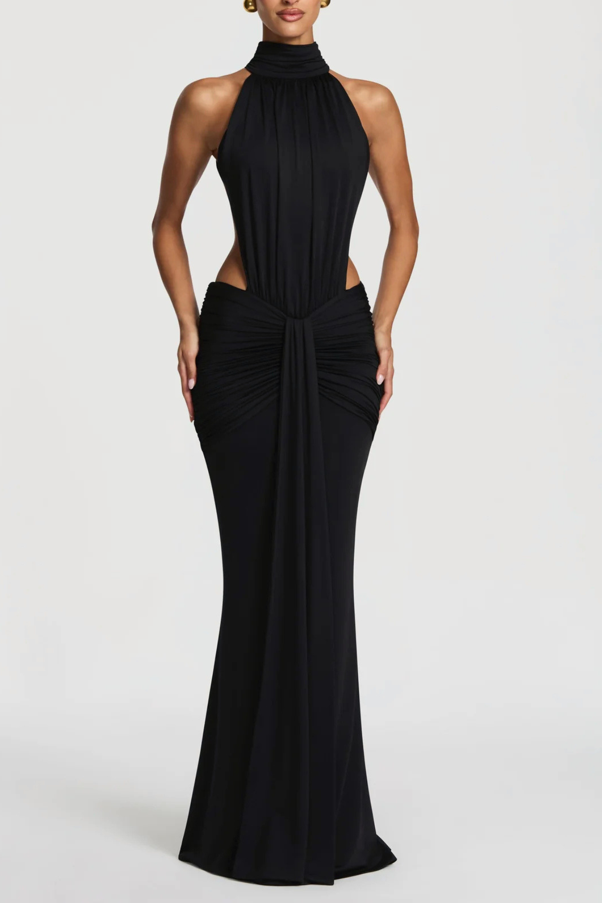 Marlaia Halter Ruched Backless Maxi Dress - Black